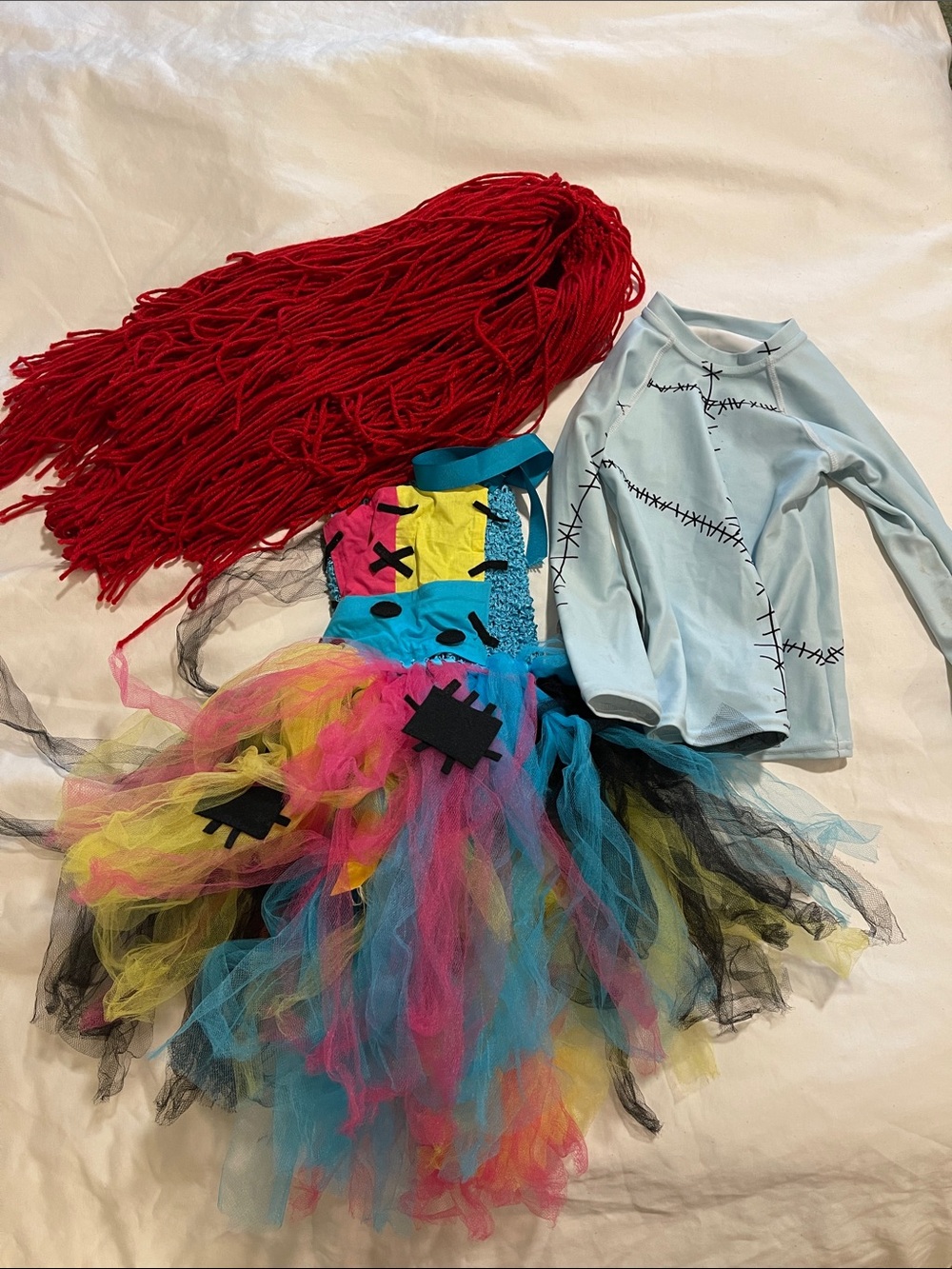 Nightmare Before Christmas Sally Costume with Red Yarn Wig 2T